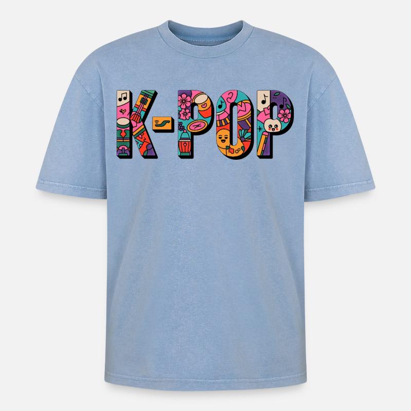 K-POP : Doodle Pop - T-shirt Premium unisexe oversize acid-washed - bleu délavé acide
