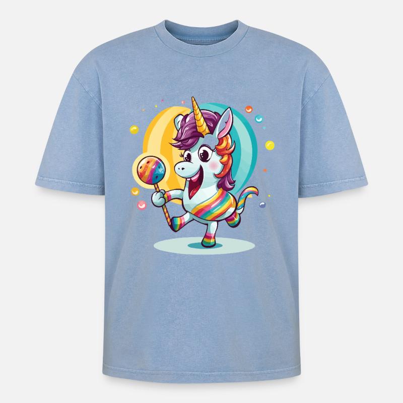 Regenbogen-Einhorn mit Lutscher - Oversized Unisex Premium Acid-Washed T-Shirt - Blau Acid Wash