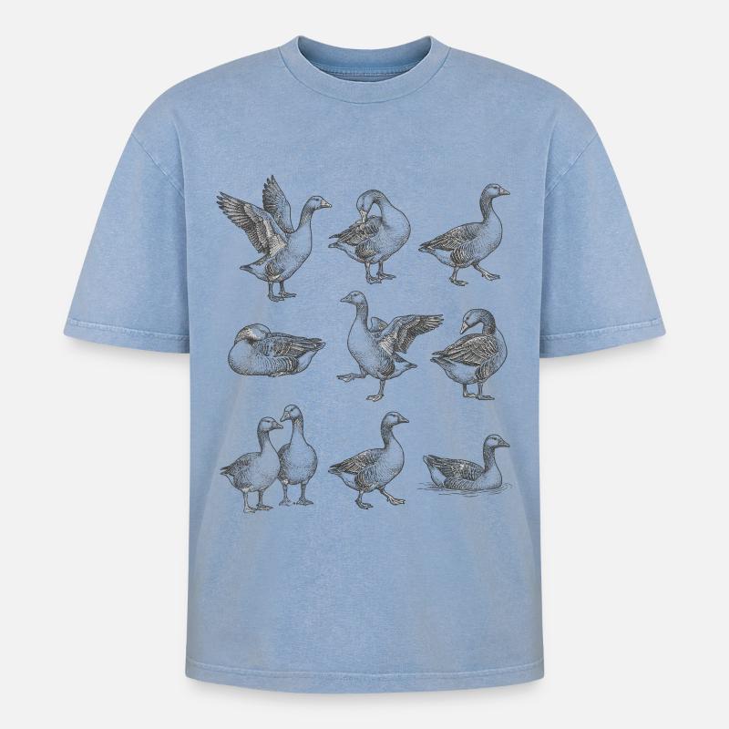 Graue Gänse Silhouetten Muster - Oversized Unisex Premium Acid-Washed T-Shirt - Blau Acid Wash