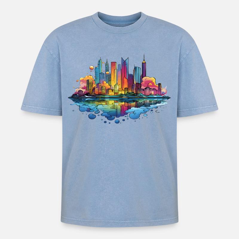 Bunte Skyline Reflektion - Oversized Unisex Premium Acid-Washed T-Shirt - Blau Acid Wash