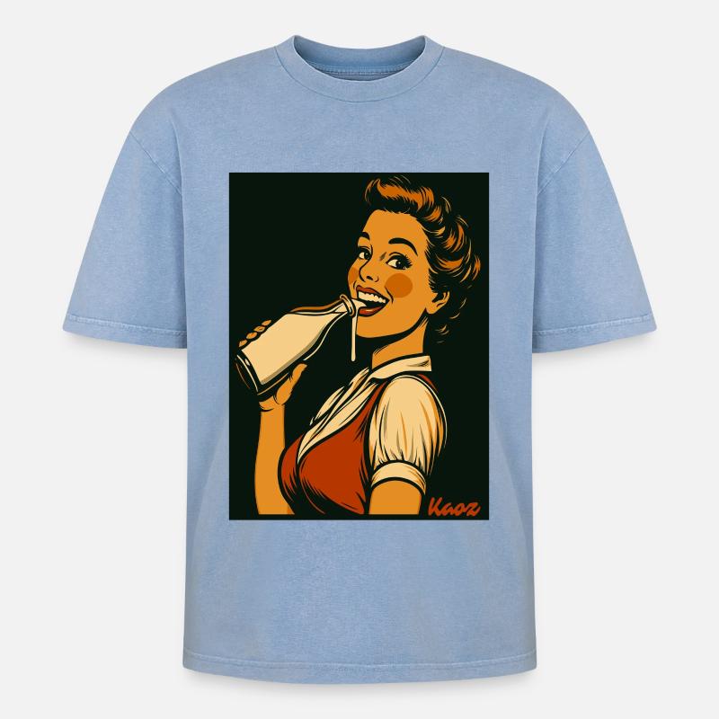 Retro Dame mit Milch Getränk - Oversized Unisex Premium Acid-Washed T-Shirt - Blau Acid Wash