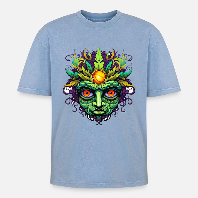 Psychedelisches Maskengesicht mit Sonnenkrone - Oversized Unisex Premium Acid-Washed T-Shirt - Blau Acid Wash
