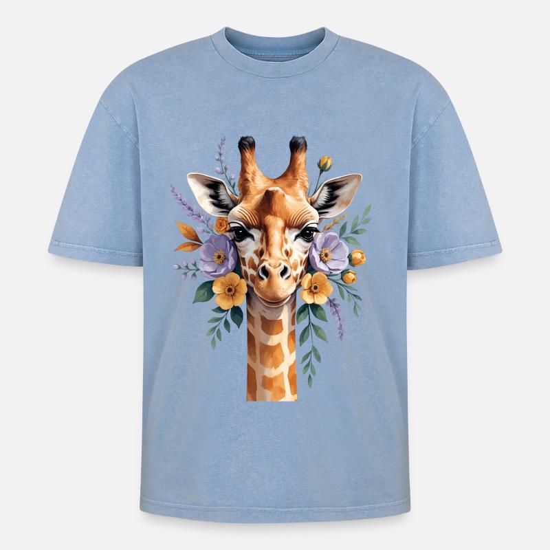 Giraffe mit Blütenkranz - Oversized Unisex Premium Acid-Washed T-Shirt - Blau Acid Wash
