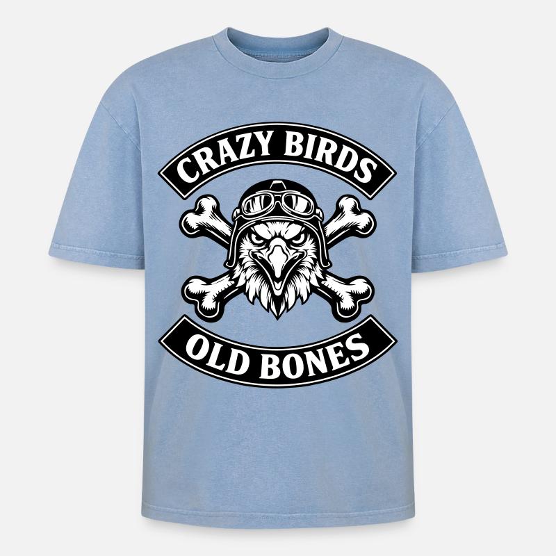 Crazy Birds - Old Bones - Oversized Unisex Premium Acid-Washed T-Shirt - Blau Acid Wash
