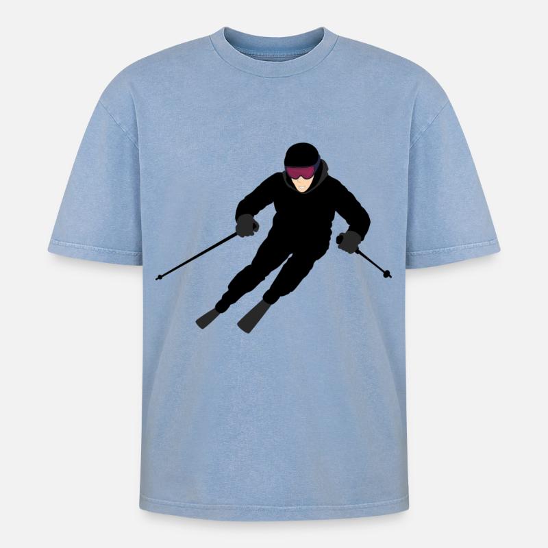 Dynamischer Skifahrer - Oversized Unisex Premium Acid-Washed T-Shirt - Blau Acid Wash