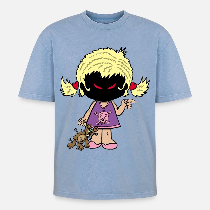 Dämonisches kleines Mädchen - Oversized Unisex Premium Acid-Washed T-Shirt - Blau Acid Wash