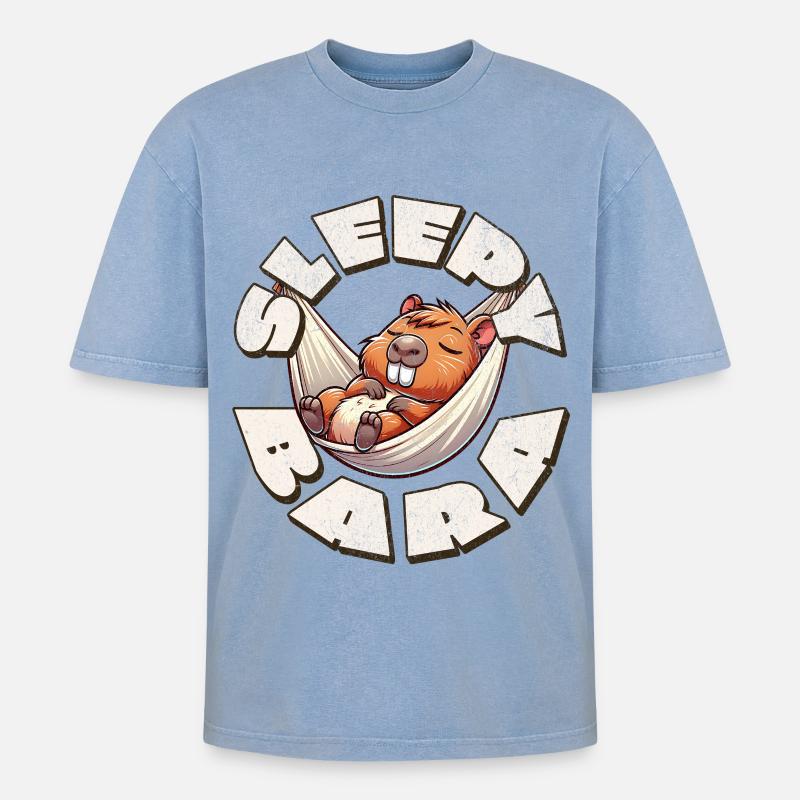 Capybara Sleepy Bara - Oversized Unisex Premium Acid-Washed T-Shirt - Blau Acid Wash