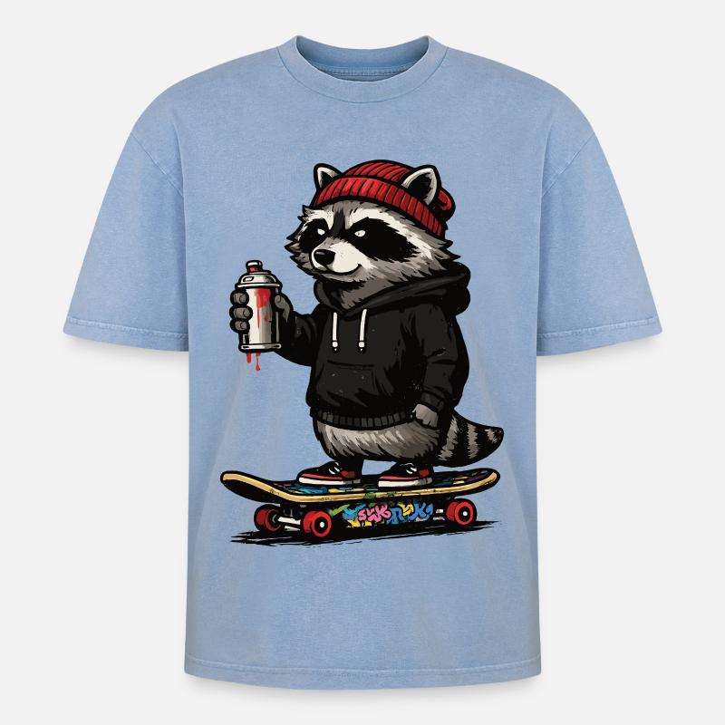 Waschbär Skate Graffiti - Oversized Unisex Premium Acid-Washed T-Shirt - Blau Acid Wash
