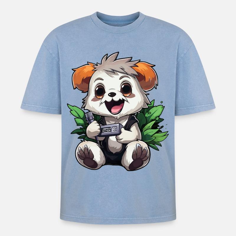 Panda Gamer mit Controller - Oversized Unisex Premium Acid-Washed T-Shirt - Blau Acid Wash