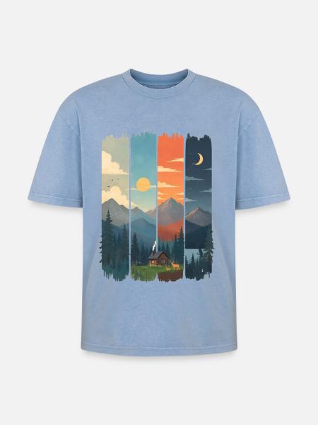 Horizons in four mountain panels - Oversized Unisex Premium Acid-Washed T-Shirt - acid washed blue