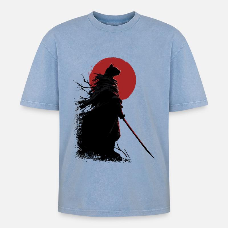 Samurai Katze - Oversized Unisex Premium Acid-Washed T-Shirt - Blau Acid Wash