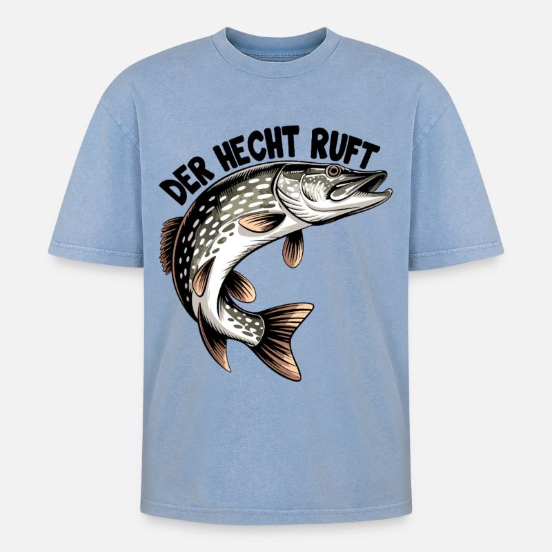 Der Hecht ruft - Oversized Unisex Premium Acid-Washed T-Shirt - Blau Acid Wash