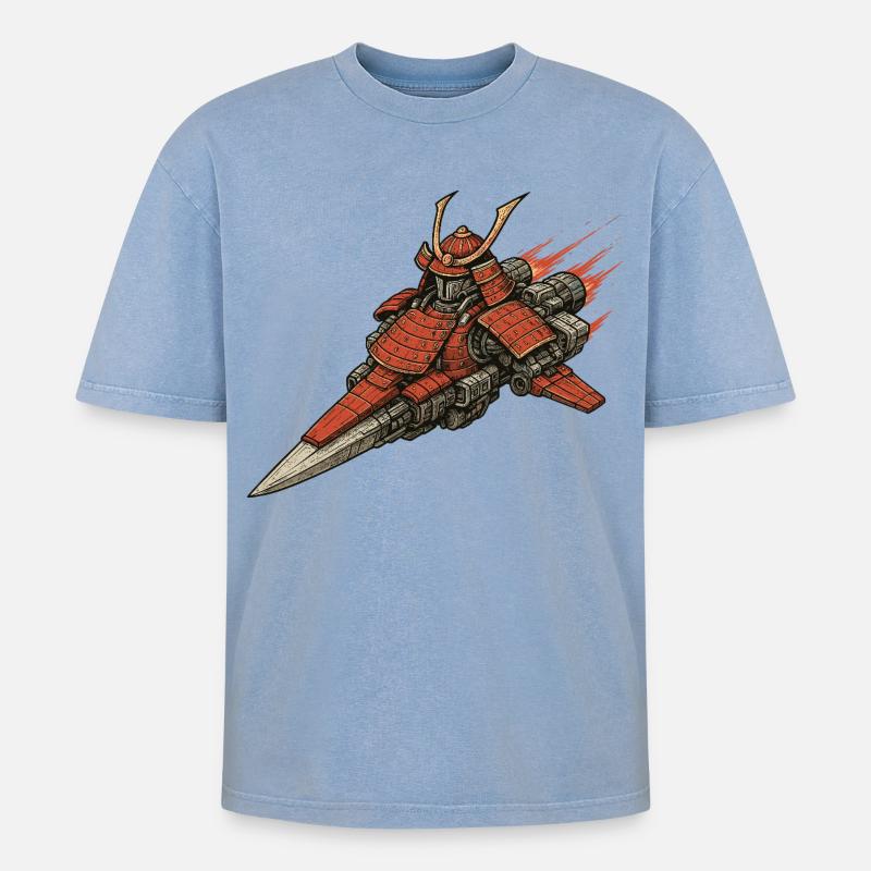 Samurai Raumschiff - Oversized Unisex Premium Acid-Washed T-Shirt - Blau Acid Wash