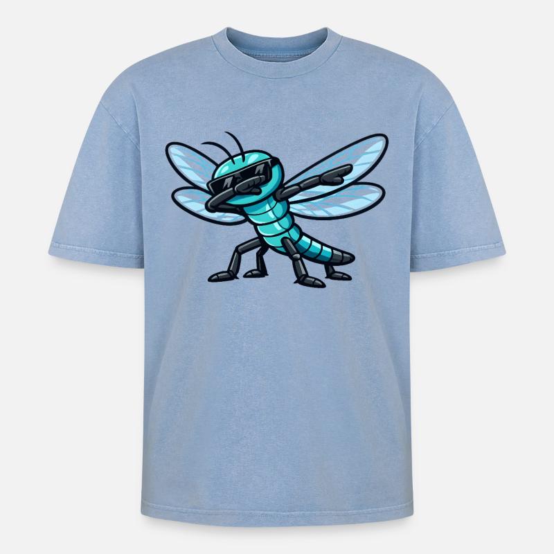 Dabbing Libelle - Oversized Unisex Premium Acid-Washed T-Shirt - Blau Acid Wash