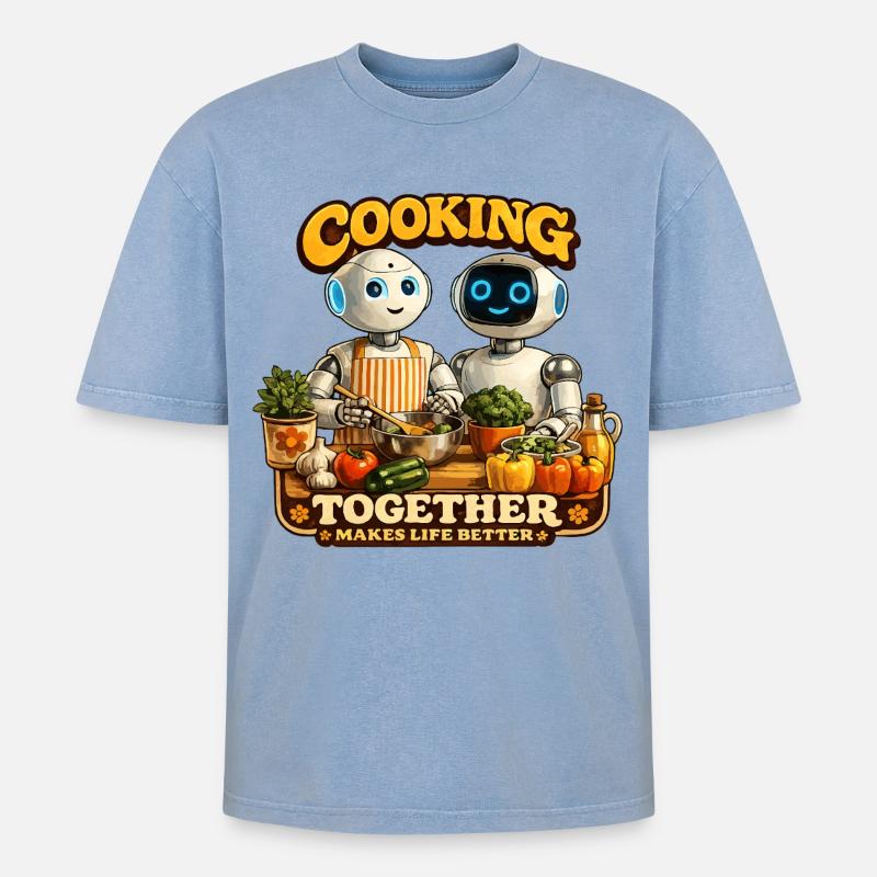 Roboter kochen gemeinsam - Oversized Unisex Premium Acid-Washed T-Shirt - Blau Acid Wash