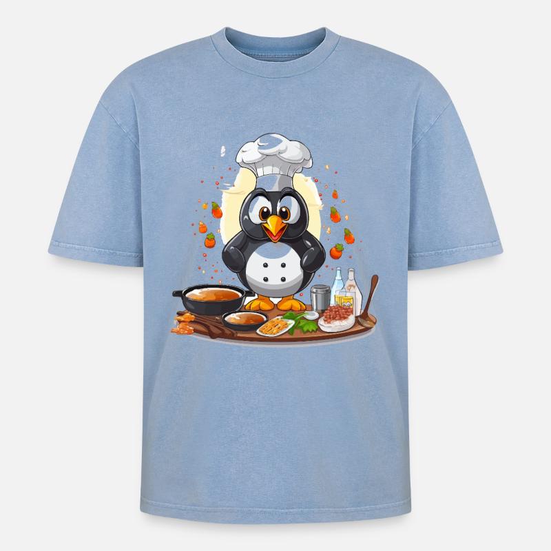 Küchenpinguin Chef Design - Oversized Unisex Premium Acid-Washed T-Shirt - Blau Acid Wash