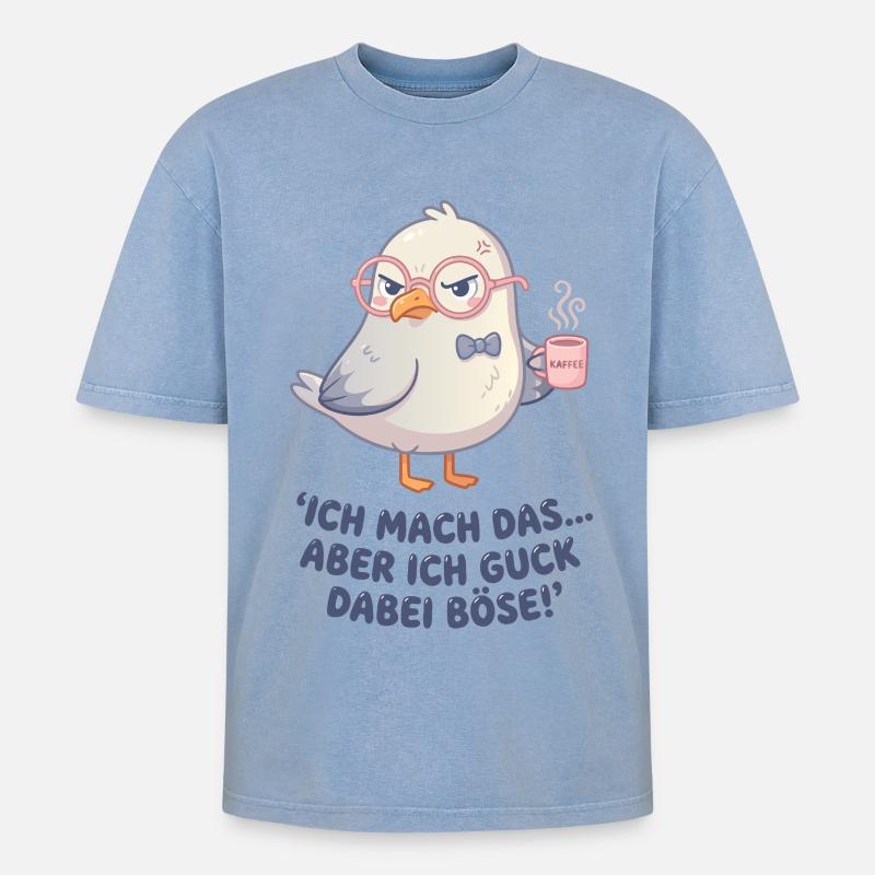 Möwe Kaffee Spruch - Oversized Unisex Premium Acid-Washed T-Shirt - Blau Acid Wash