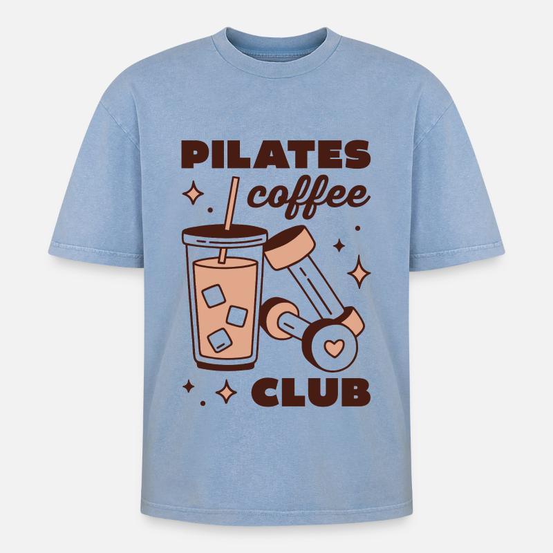 Pilates-Eiskaffee-Latte-Mädchen-Ästhetik - Oversized Unisex Premium Acid-Washed T-Shirt - Blau Acid Wash