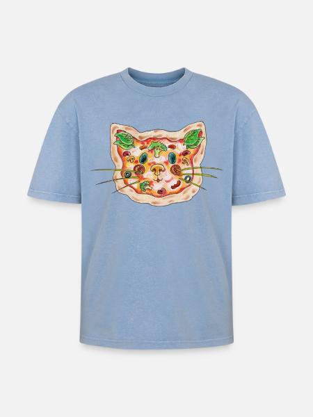 Pizza Katze - Oversized Unisex Premium Acid-Washed T-Shirt - Blau Acid Wash