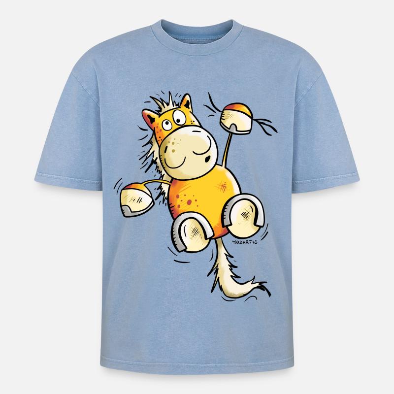 Fuchs Pferd hängt ab - Oversized Unisex Premium Acid-Washed T-Shirt - Blau Acid Wash
