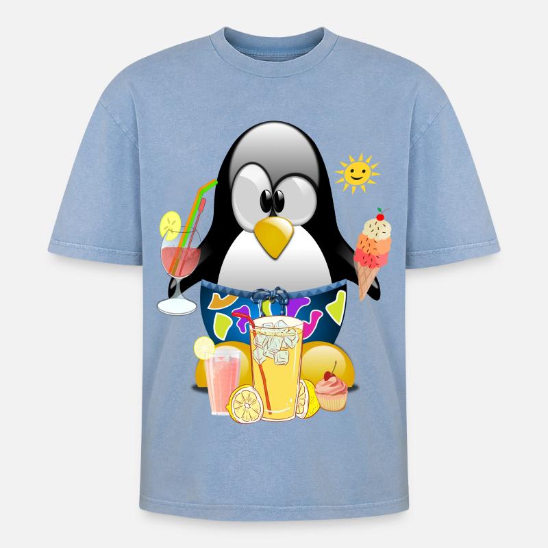 Pinguin, Eiscreme - Oversized Unisex Premium Acid-Washed T-Shirt - Blau Acid Wash