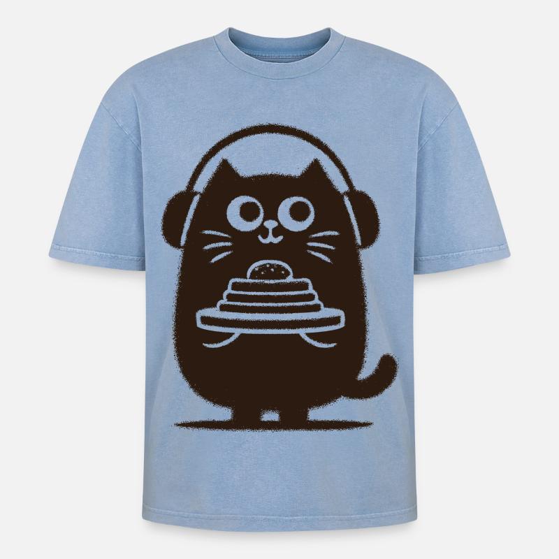 KatzenDJ mit Pfannkuchen - Oversized Unisex Premium Acid-Washed T-Shirt - Blau Acid Wash