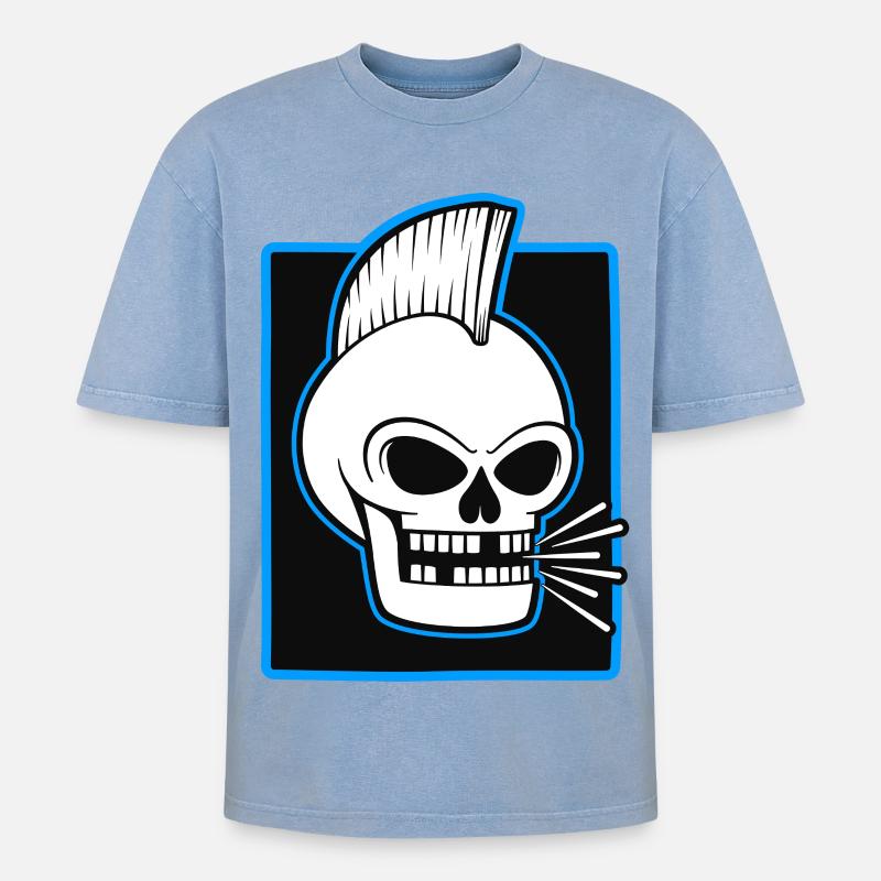 Skull Mohawk Punk Graphic - Oversized Unisex Premium Acid-Washed T-Shirt - acid washed blue