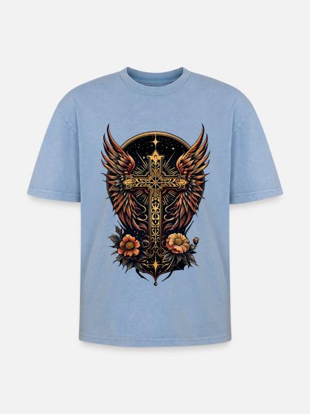 A symbol of strength: The ornate cross with wings - Oversized Unisex Premium Acid-Washed T-Shirt - acid washed blue