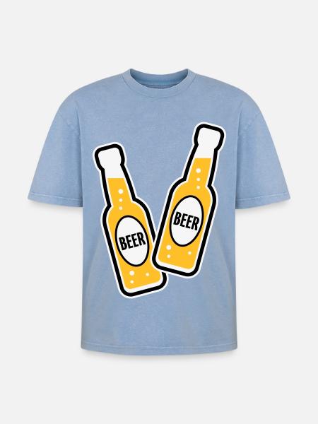 2 Bierflaschen (Bier / POS 3C) - Oversized Unisex Premium Acid-Washed T-Shirt - Blau Acid Wash