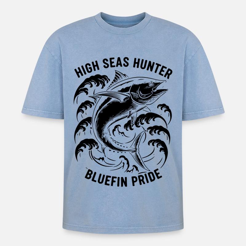 Seefischer Thunfisch-Blauflossenjäger - Oversized Unisex Premium Acid-Washed T-Shirt - Blau Acid Wash