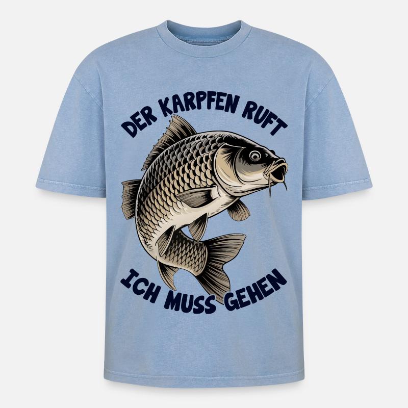 Der Karpfen ruft - Oversized Unisex Premium Acid-Washed T-Shirt - Blau Acid Wash