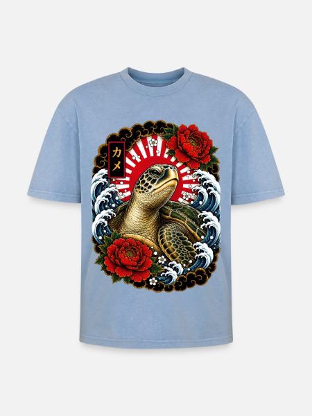 Schildkröte im japanischen Irezumi Stil - Oversized Unisex Premium Acid-Washed T-Shirt - Blau Acid Wash