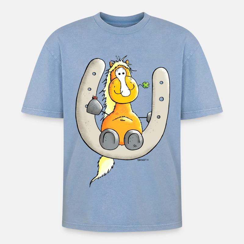 Glückspferd - Pferd - Glück - Oversized Unisex Premium Acid-Washed T-Shirt - Blau Acid Wash