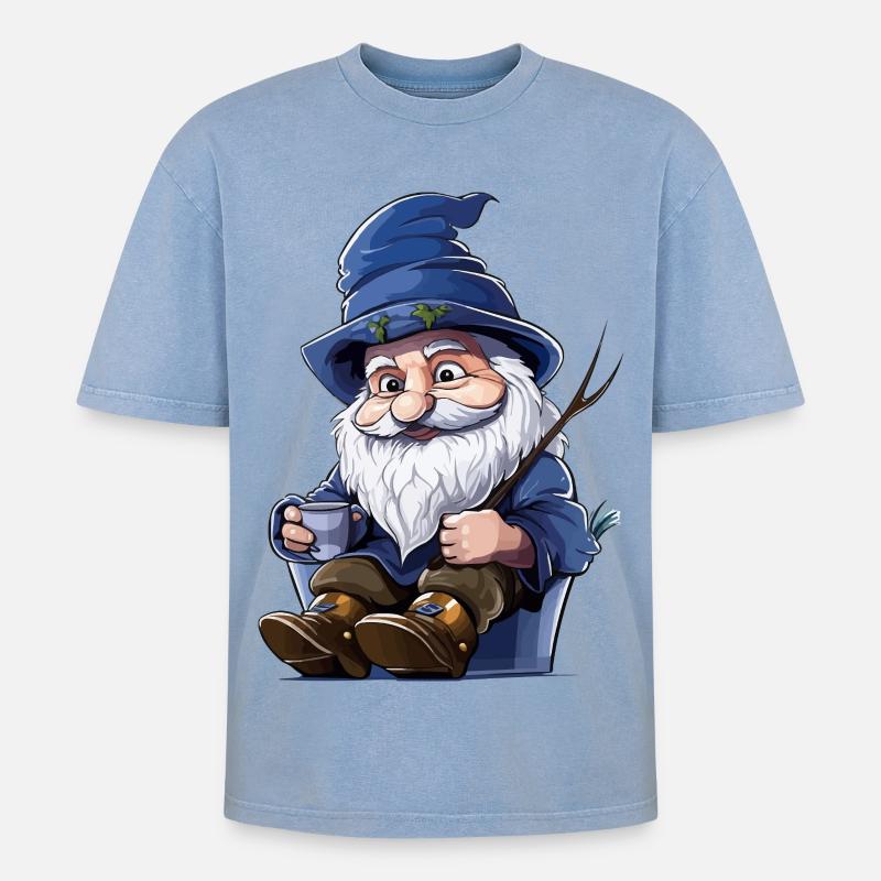 Blauer Waldgnom mit Becher - Oversized Unisex Premium Acid-Washed T-Shirt - Blau Acid Wash
