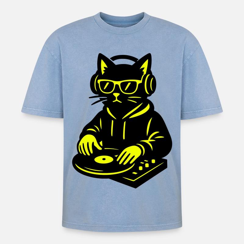 DJ Cat - Oversized Unisex Premium Acid-Washed T-Shirt - Blau Acid Wash