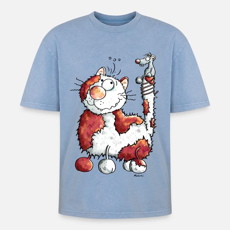 Fröhliche Katze - Katzen - Oversized Unisex Premium Acid-Washed T-Shirt - Blau Acid Wash