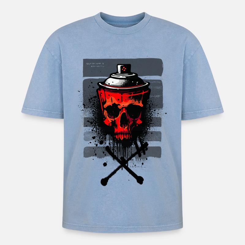 Rotes städtisches Schädelspray - Oversized Unisex Premium Acid-Washed T-Shirt - Blau Acid Wash