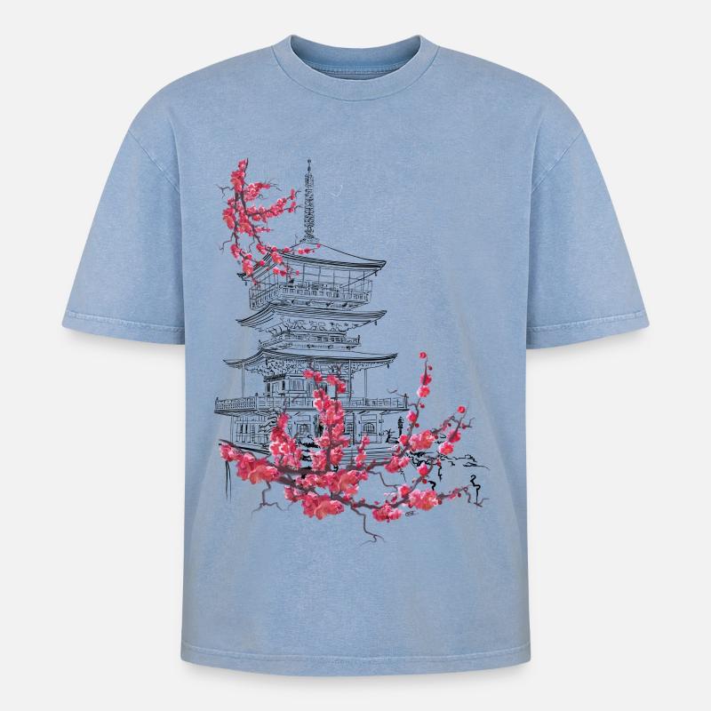 Pagode und Sakura - Oversized Unisex Premium Acid-Washed T-Shirt - Blau Acid Wash