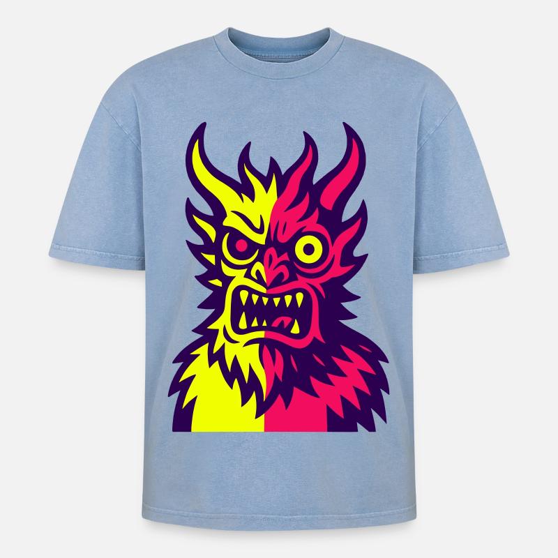 Pop Art Devil's Monster - Oversized Unisex Premium Acid-Washed T-Shirt - acid washed blue