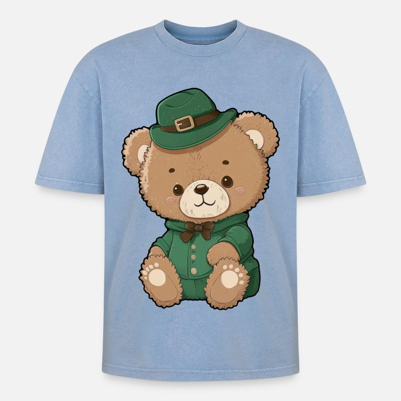Emerald Leprechaun Bear - Oversized Unisex Premium Acid-Washed T-Shirt - acid washed blue