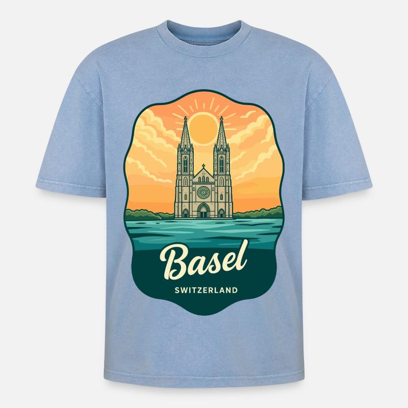 Basel Minster Retro Sonnenuntergangs-Reiseabzeichen - Oversized Unisex Premium Acid-Washed T-Shirt - Blau Acid Wash