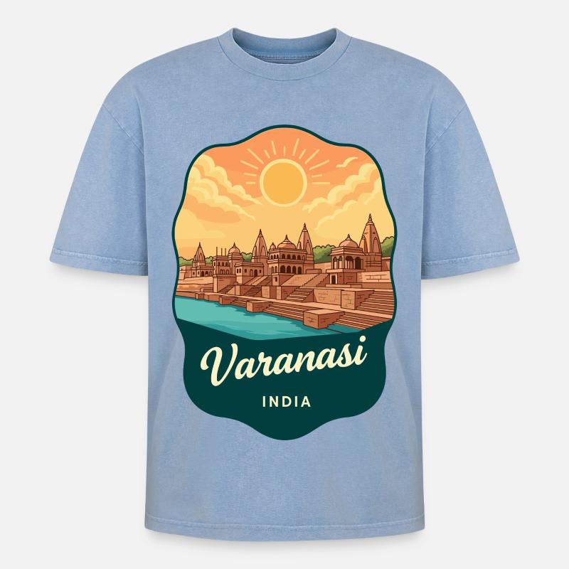 Varanasi-Ganges-Fluss Retro-Sonnenuntergangs-Reiseabzeichen - Oversized Unisex Premium Acid-Washed T-Shirt - Blau Acid Wash