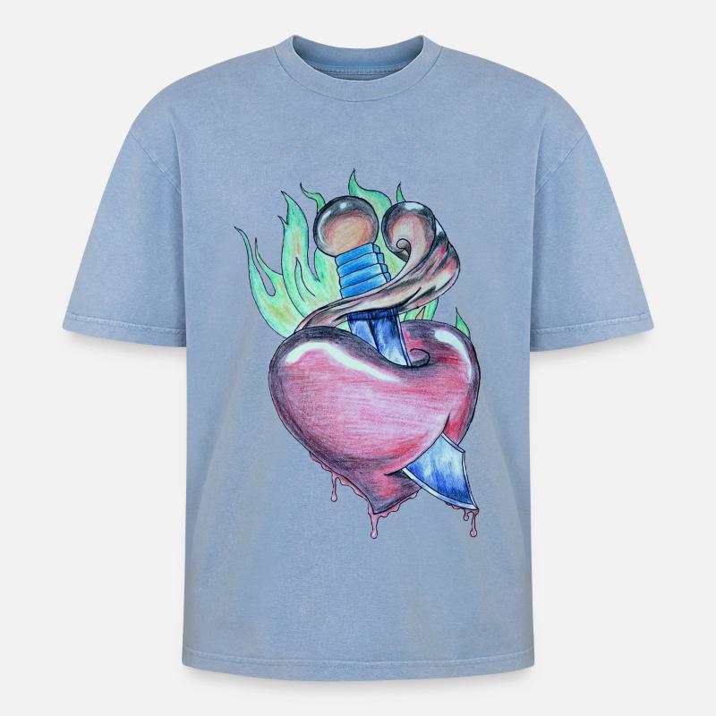 Loderndes Herz - Oversized Unisex Premium Acid-Washed T-Shirt - Blau Acid Wash