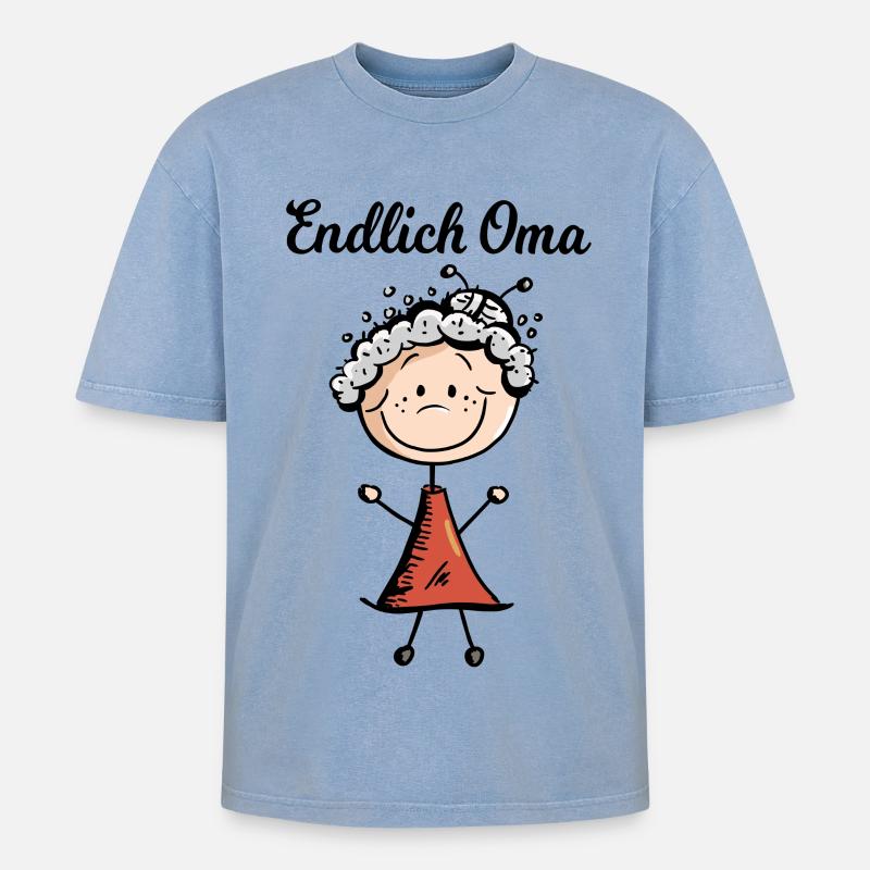 Endlich Oma - Baby - Geburt - Großmutter -Geschenk - Oversized Unisex Premium Acid-Washed T-Shirt - Blau Acid Wash