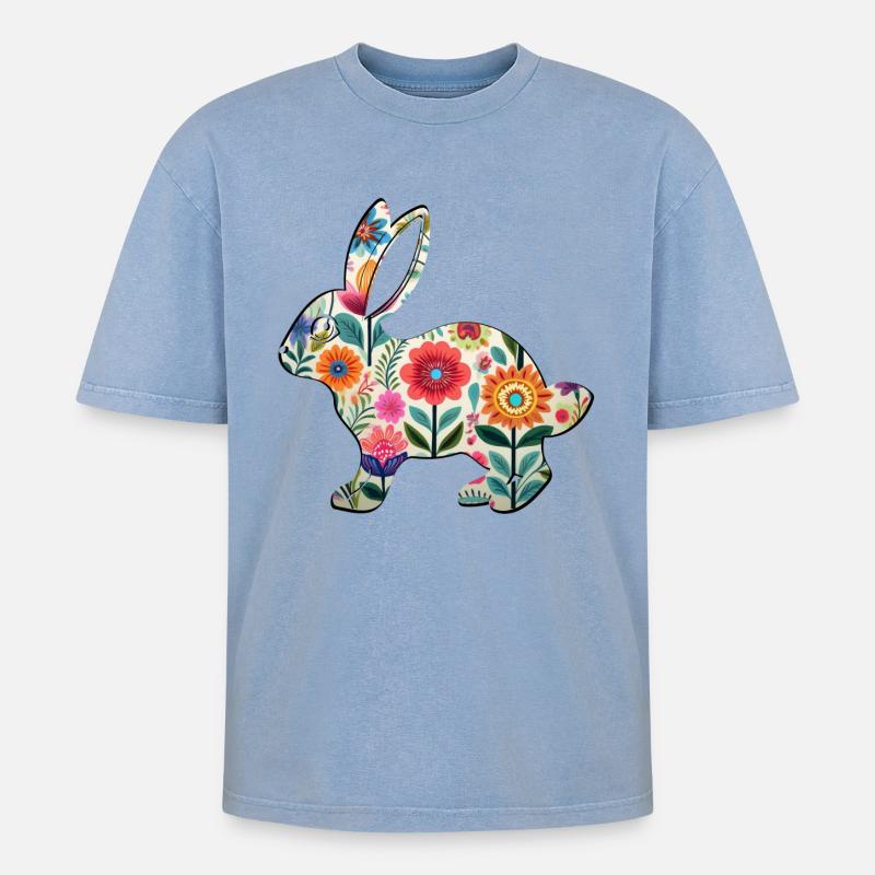 Florale Osterhasen-Silhouette - Boho Chic - Oversized Unisex Premium Acid-Washed T-Shirt - Blau Acid Wash
