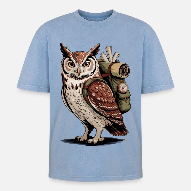 Eulenabenteuer mit Rucksack - Oversized Unisex Premium Acid-Washed T-Shirt - Blau Acid Wash