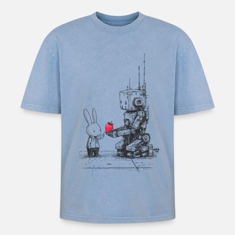 Strawberry Robot - Oversized Unisex Premium Acid-Washed T-Shirt - Blau Acid Wash