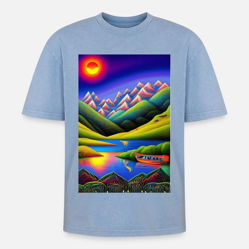 Landschaft mit See, Boot und Berge - Oversized Unisex Premium Acid-Washed T-Shirt - Blau Acid Wash