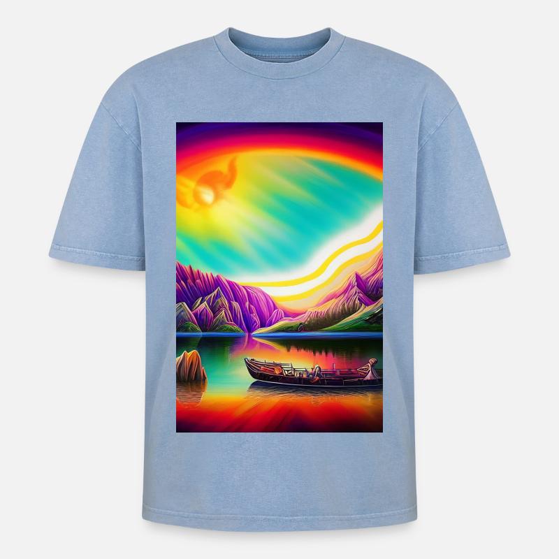 Landschaft mit See, Boot und Berge - Oversized Unisex Premium Acid-Washed T-Shirt - Blau Acid Wash