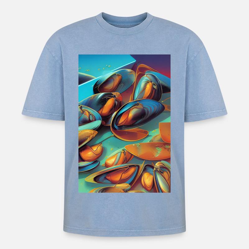 Muscheln - Oversized Unisex Premium Acid-Washed T-Shirt - Blau Acid Wash